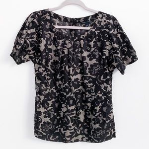 Banana Republic Black Silver Silk Floral Blouse